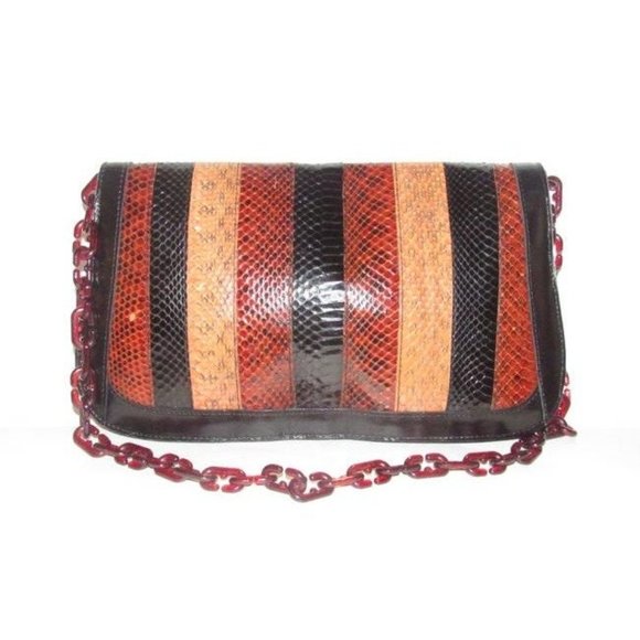 Keren Snakeskin Patchwork Saddle Bag w Lucite Chain Strap - Picture 8 of 10